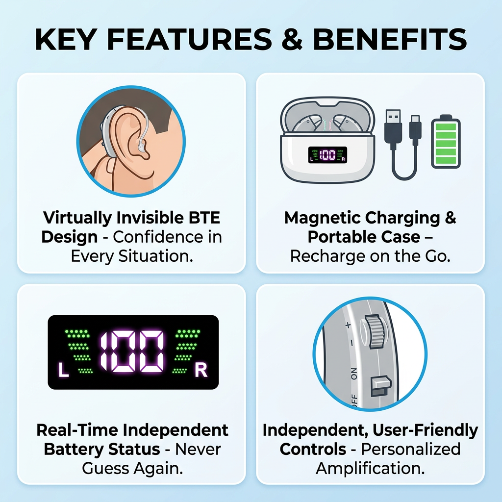 RKEPIE M802 Pro BTE Hearing Aid - High Power Amplification & Ergonomic Comfort for Seniors