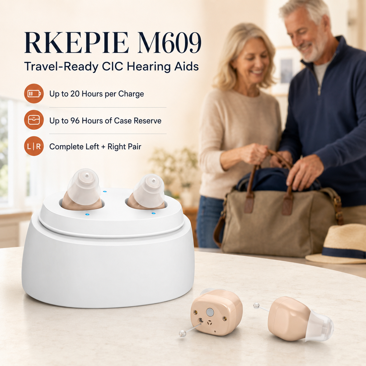 RKEPIE M609 Advanced CIC Hearing Aid - 96-Hour Travel Charging Case & Rechargeable In-Ear Pair