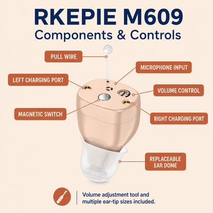RKEPIE M609 Advanced CIC Hearing Aid - 96-Hour Travel Charging Case & Rechargeable In-Ear Pair