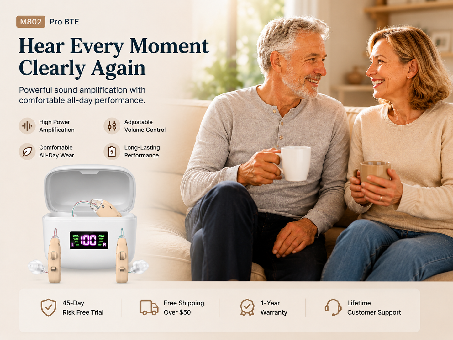 RKEPIE M802 Pro BTE Hearing Aid - High Power Amplification & Ergonomic Comfort for Seniors