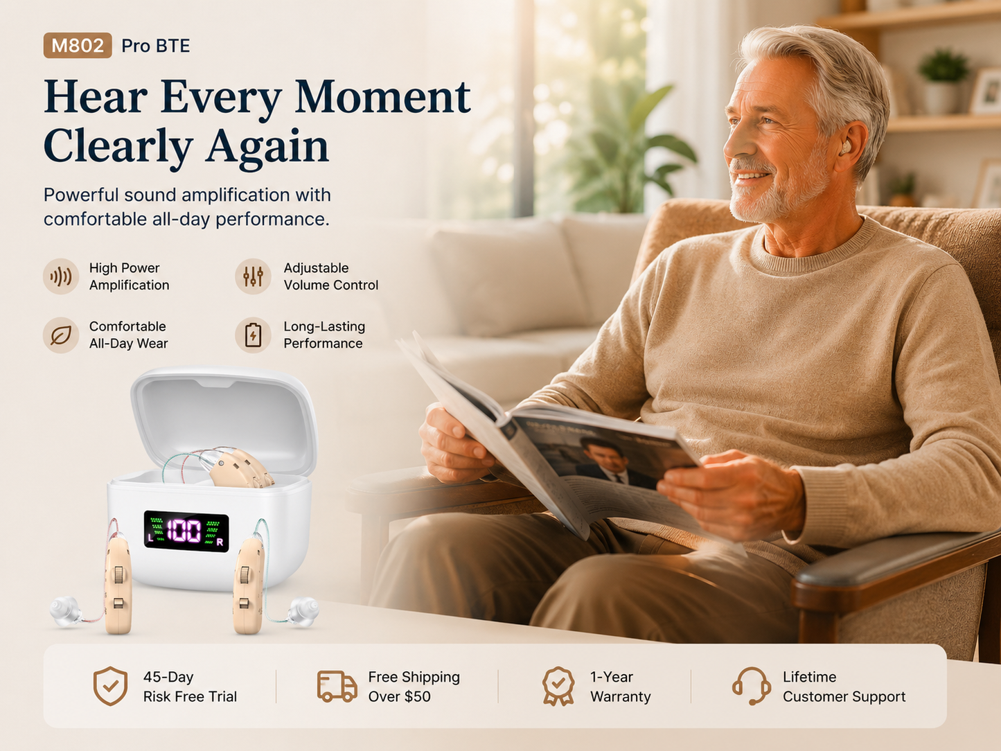 RKEPIE M802 Pro BTE Hearing Aid - High Power Amplification & Ergonomic Comfort for Seniors